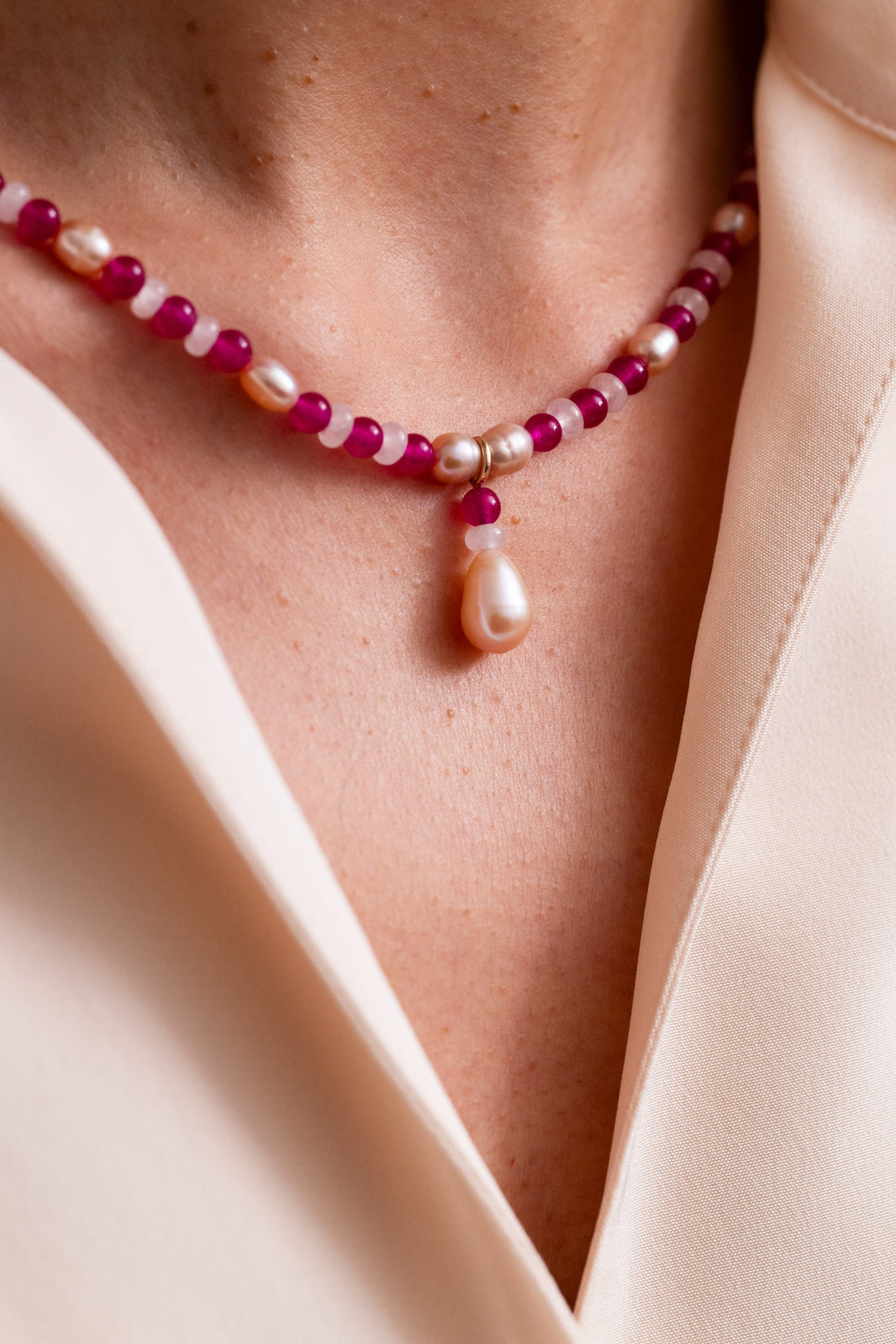 9kt Gold Pink City Necklace with Single Drop Pearl Pendant